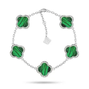 Sterling Silver Natural Malachite 5 Clover Pave Bracelet