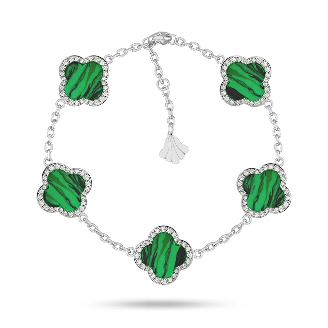 Sterling Silver Natural Malachite 5 Clover Pave Bracelet