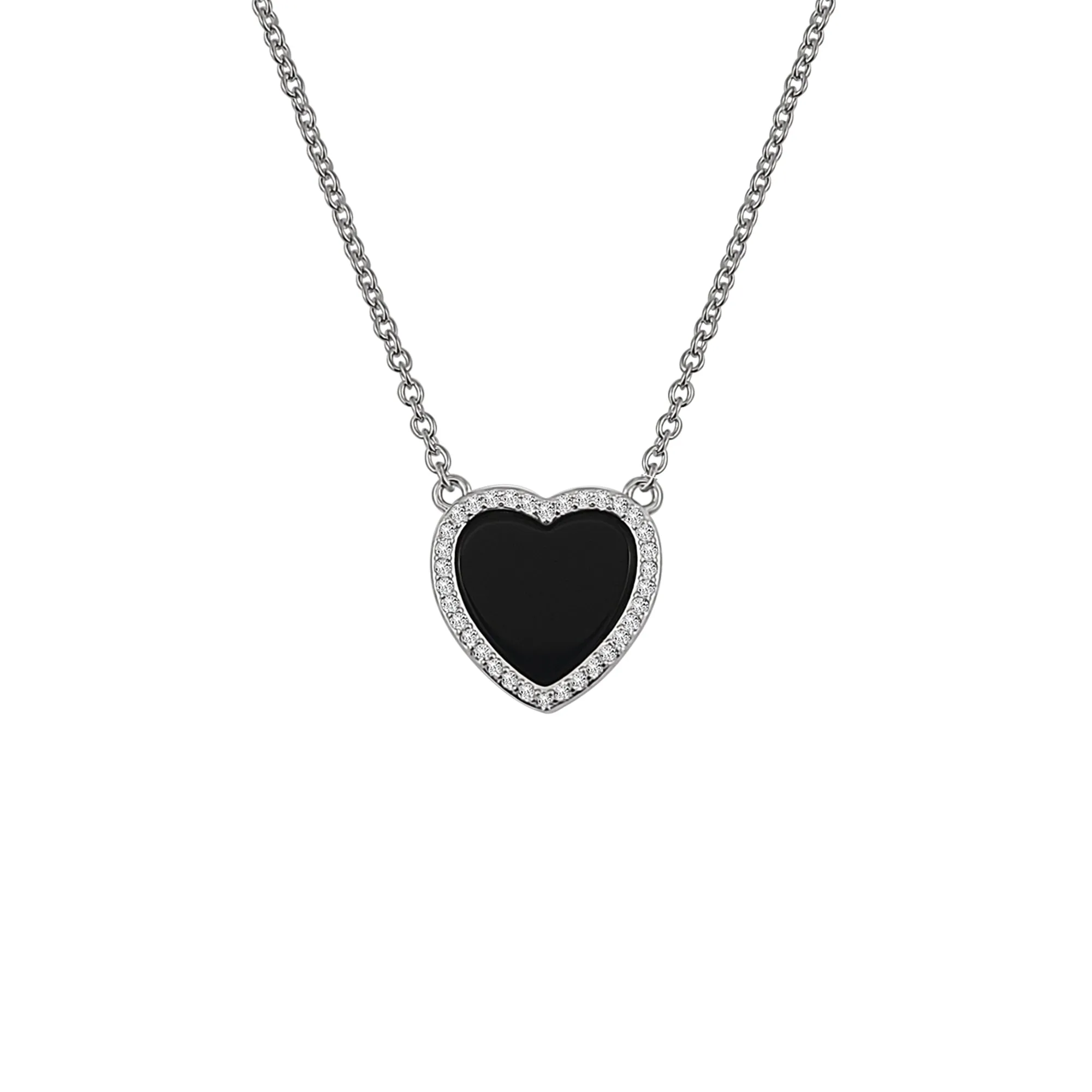 Sterling Silver Onyx Heart Halo Necklace