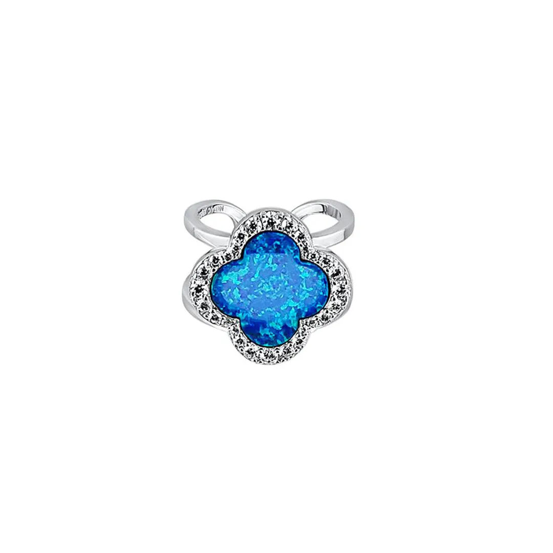 Sterling Silver Opal Blue Clover Double Band Ring Rhodium Plated