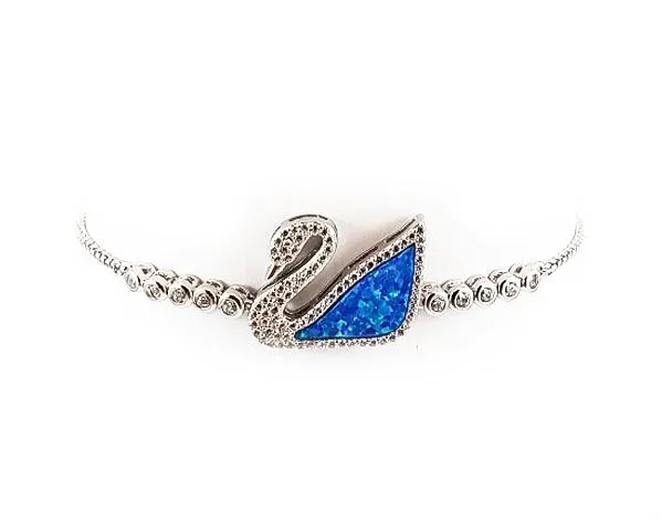 Sterling Silver Opal Blue Swan Bolo Bracelet Rhodium Plated