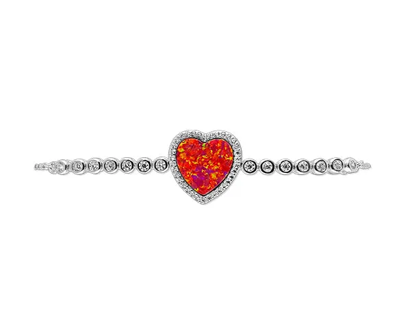 Sterling Silver Opal Red Heart Bolo Bracelet Rhodium Plated