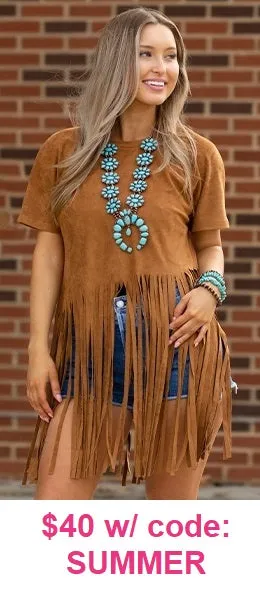 Tan Fringe Short Sleeve Top Looks & Feels like Suede