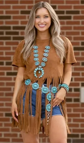 Tan Fringe Short Sleeve Top Looks & Feels like Suede