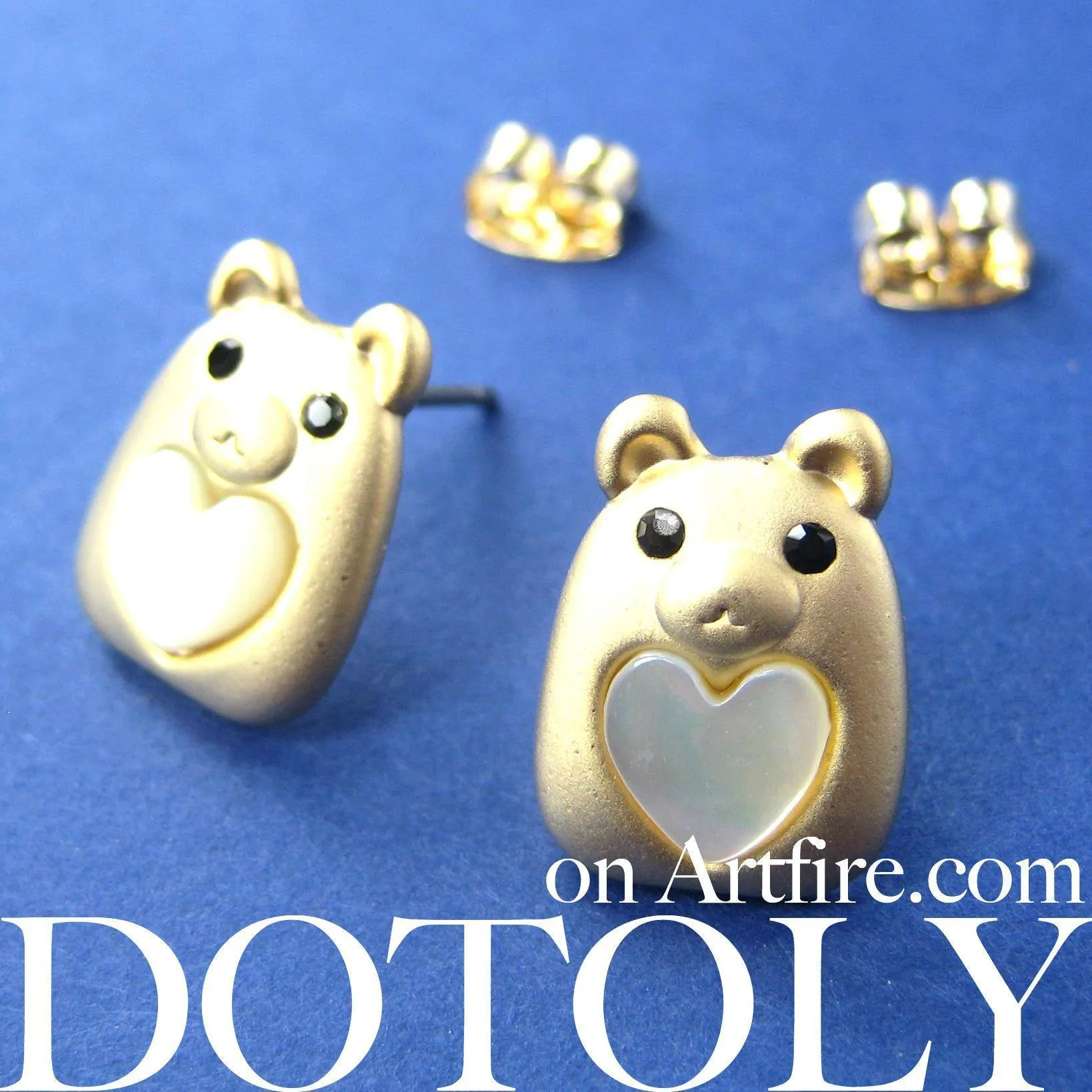 Teddy Bear Animal Stud Earrings in Gold with Hearts | ALLERGY FREE