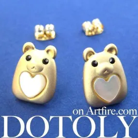 Teddy Bear Animal Stud Earrings in Gold with Hearts | ALLERGY FREE