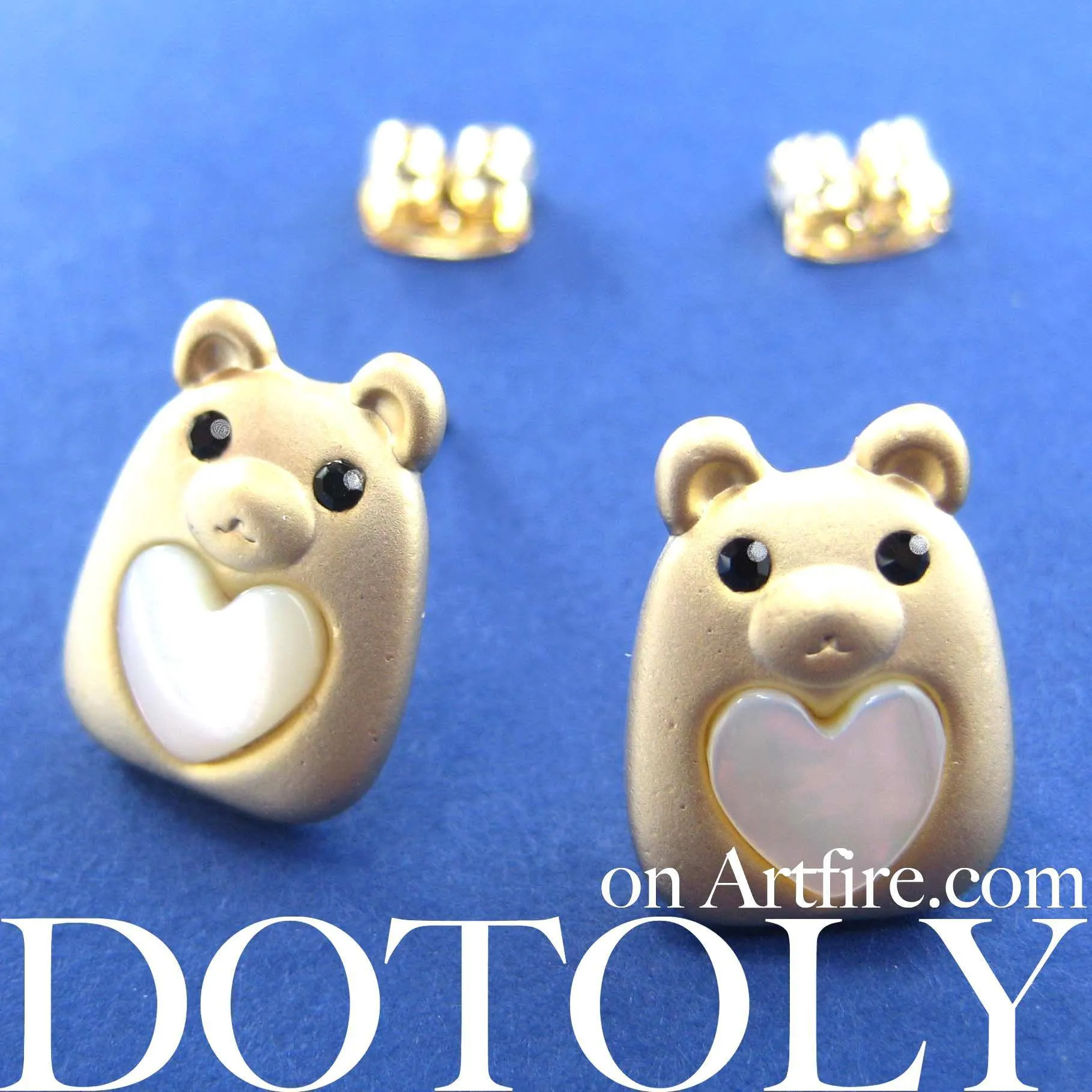 Teddy Bear Animal Stud Earrings in Gold with Hearts | ALLERGY FREE