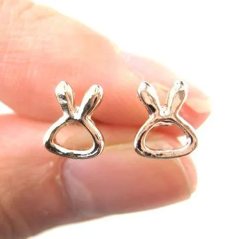 Tiny Bunny Rabbit Outline Animal Themed Stud Earrings in Rose Gold