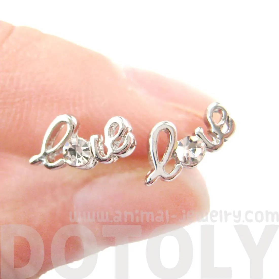 Tiny Love Cursive Letter Shaped Stud Earrings in Silver with Rhinestones | DOTOLY