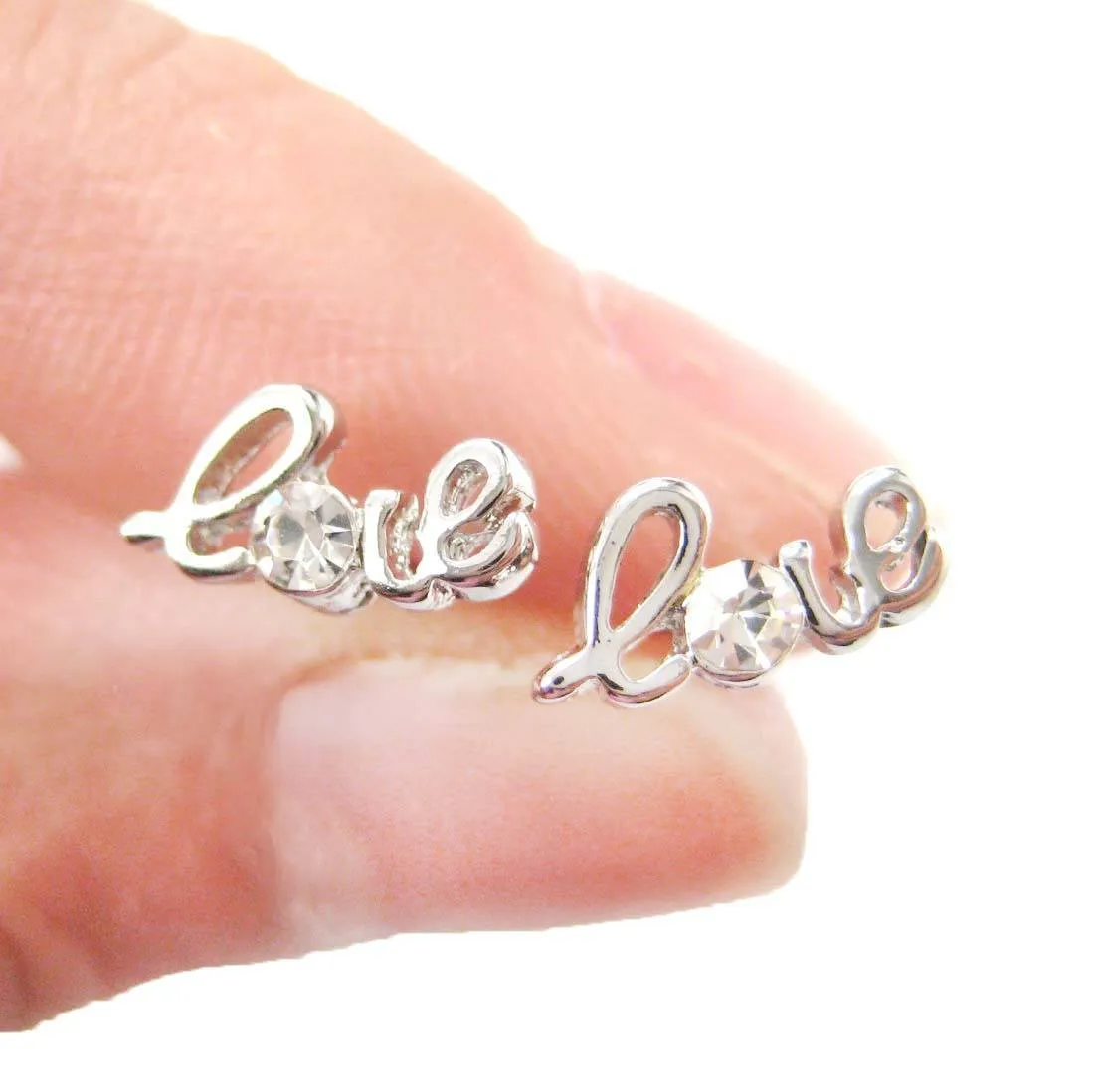 Tiny Love Cursive Letter Shaped Stud Earrings in Silver with Rhinestones | DOTOLY