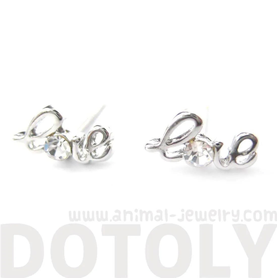 Tiny Love Cursive Letter Shaped Stud Earrings in Silver with Rhinestones | DOTOLY