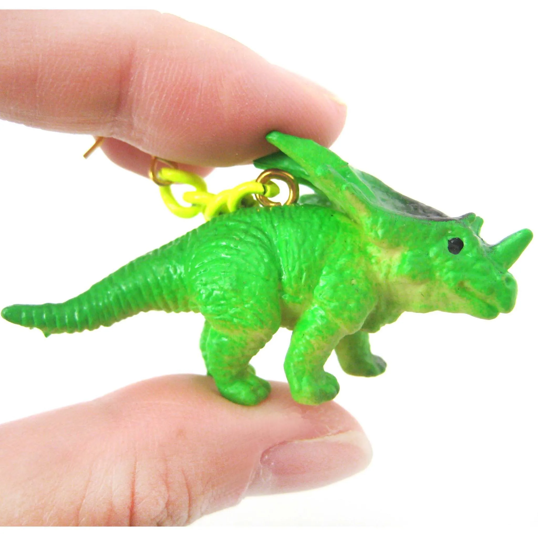 Triceratops Dinosaur Animal Figurine Shaped Dangle Earrings in Green