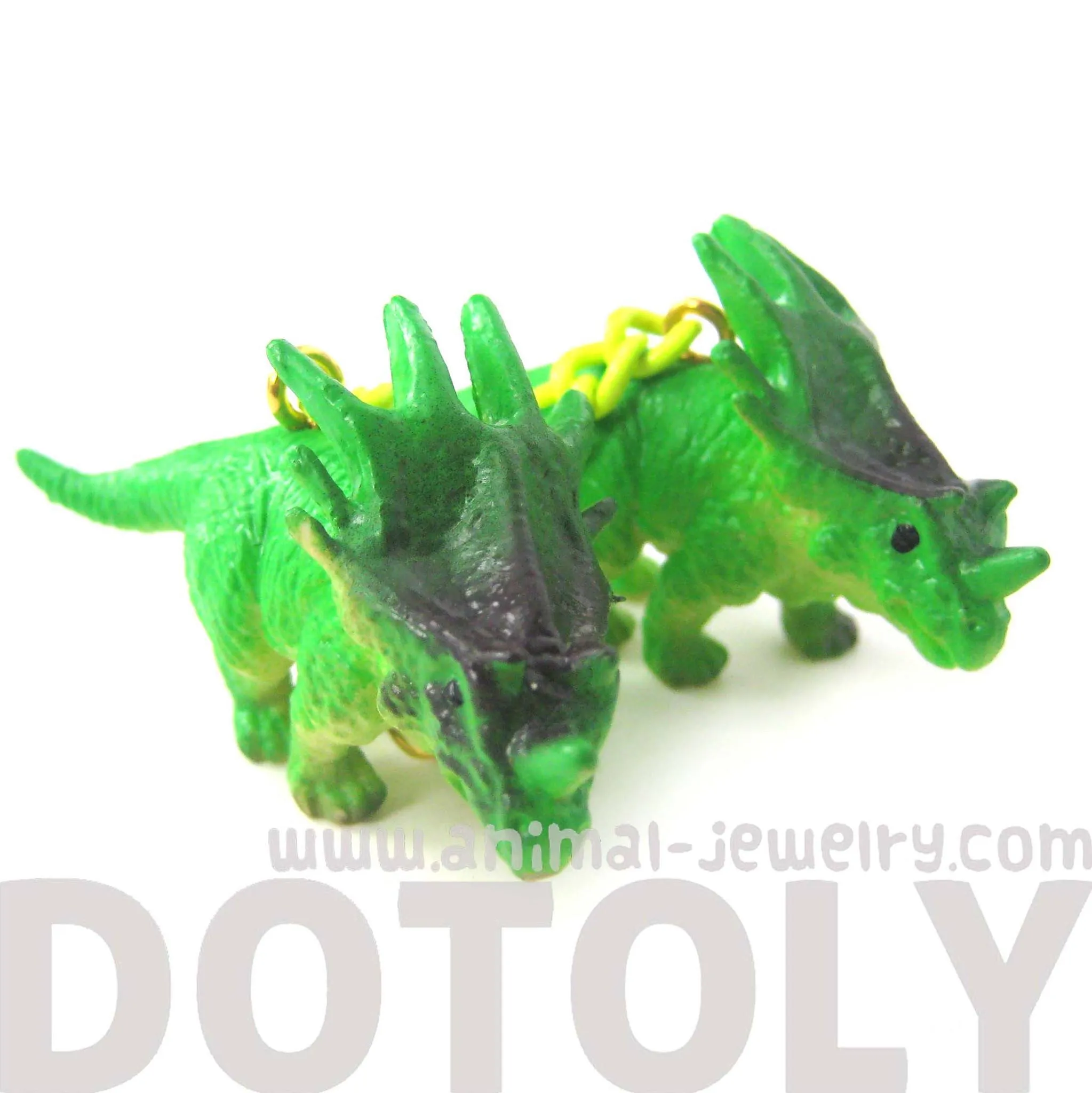 Triceratops Dinosaur Animal Figurine Shaped Dangle Earrings in Green