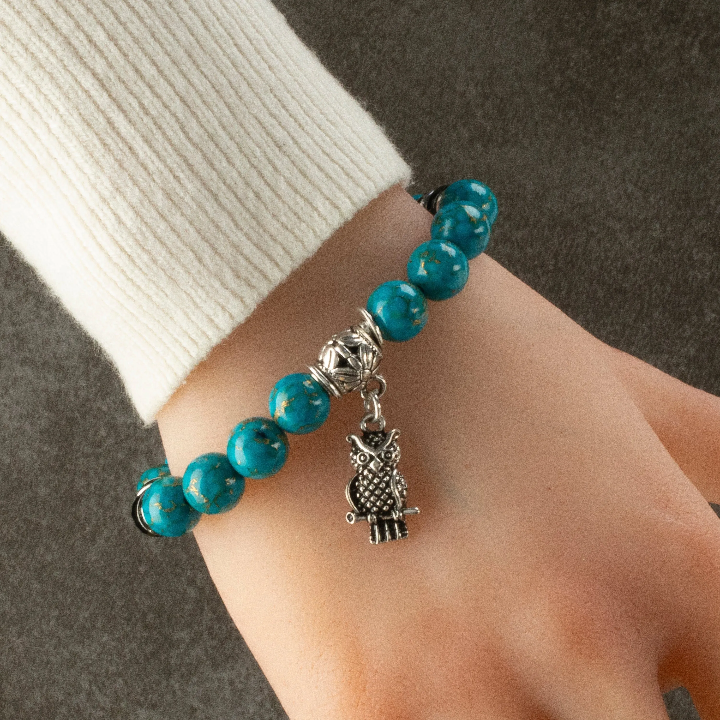 Turquoise 10mm Gemstone Elastic Bead Bracelet with Owl Accent Bead