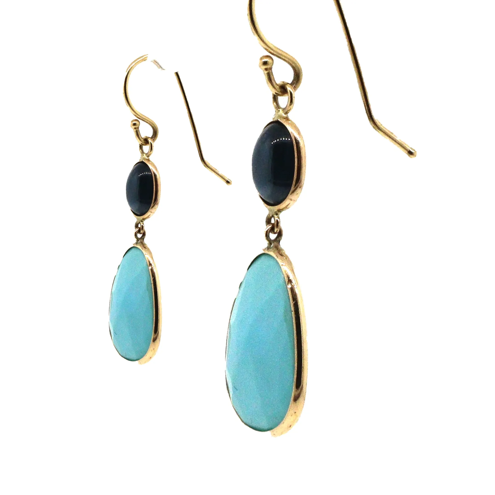 Turquoise and Onyx Yellow Gold Dangle Earrings