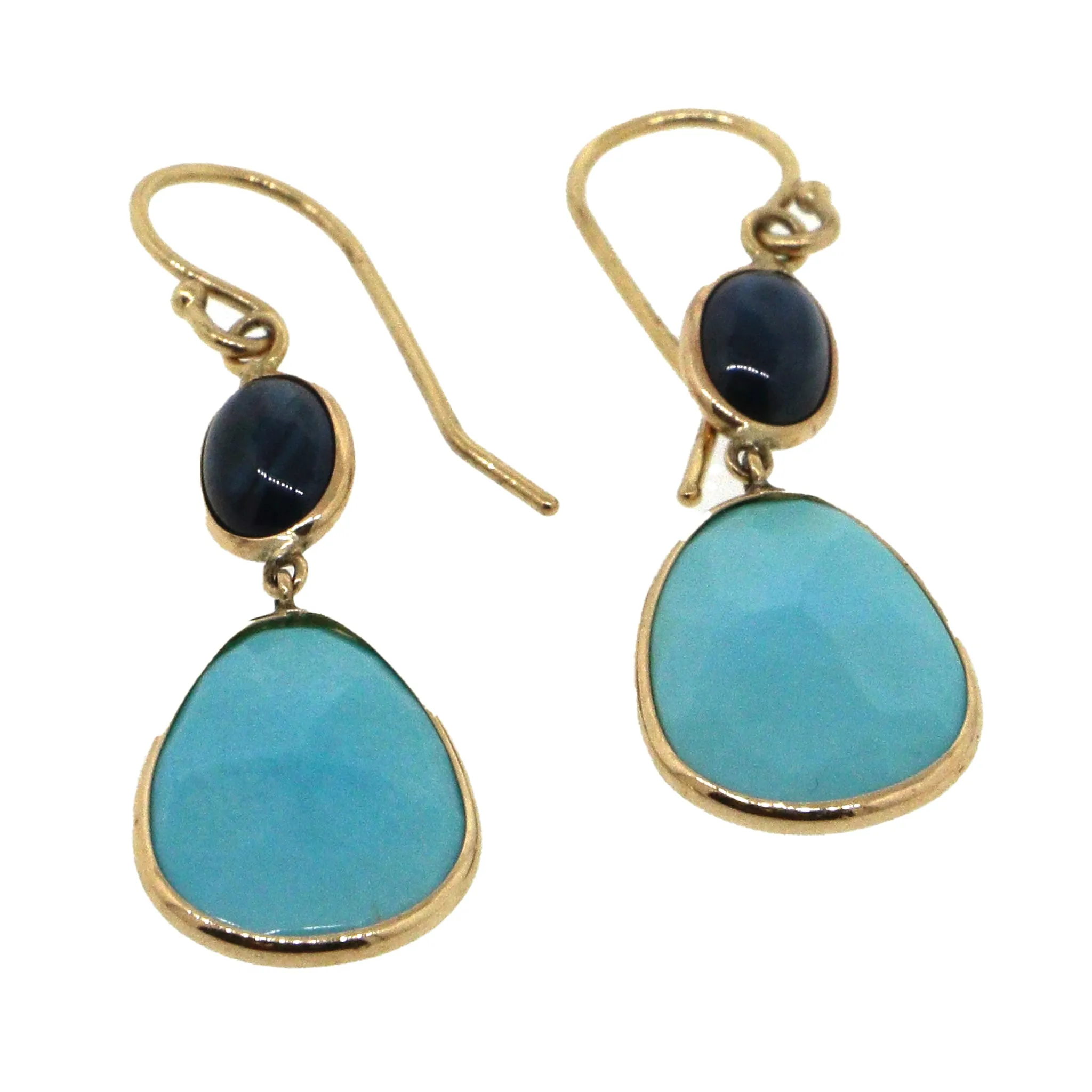 Turquoise and Onyx Yellow Gold Dangle Earrings