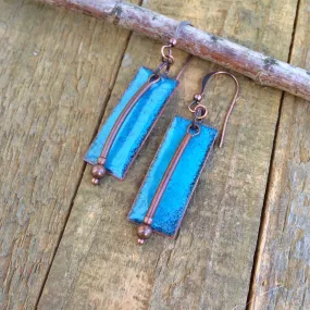 Turquoise Enameled Earrings, Copper Enameled Jewelry, Artsy Earrings, Geometric Earrings, Blue Earrings, Blue Jewelry, OOAK Gift for Women