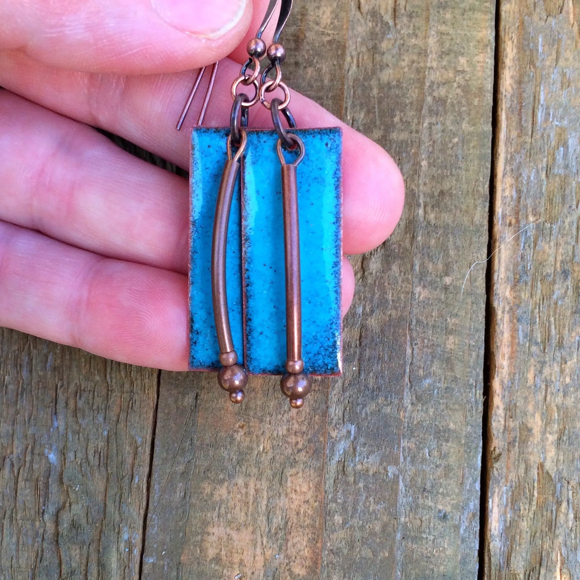 Turquoise Enameled Earrings, Copper Enameled Jewelry, Artsy Earrings, Geometric Earrings, Blue Earrings, Blue Jewelry, OOAK Gift for Women