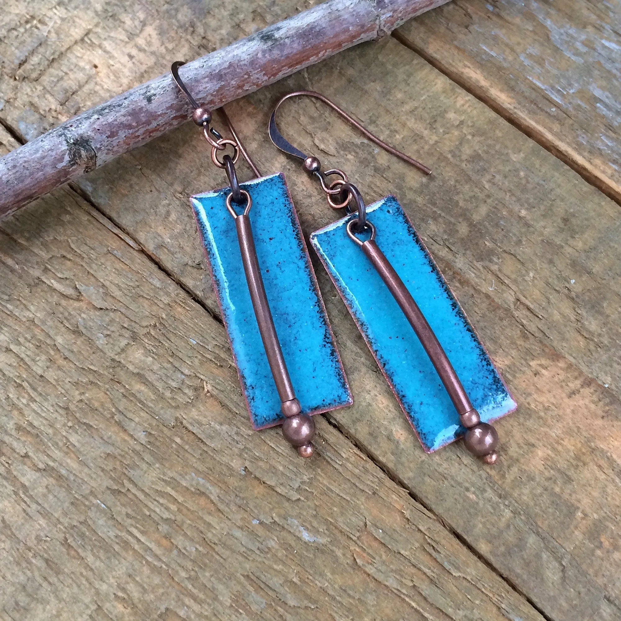 Turquoise Enameled Earrings, Copper Enameled Jewelry, Artsy Earrings, Geometric Earrings, Blue Earrings, Blue Jewelry, OOAK Gift for Women