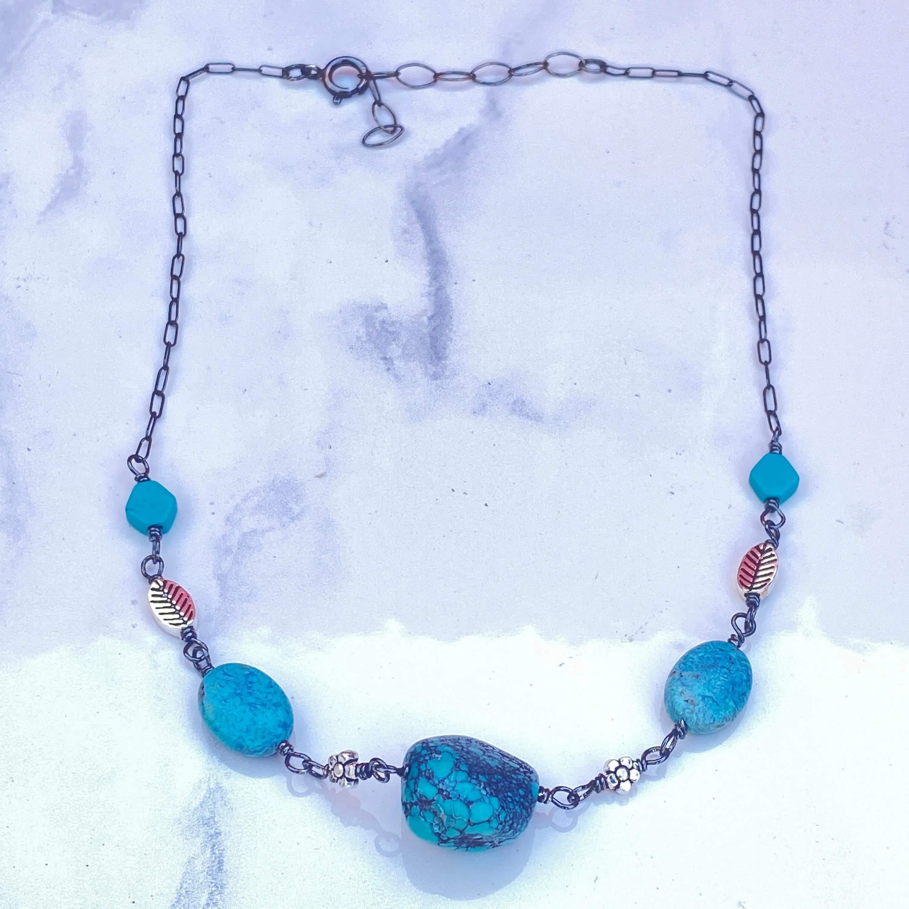 Turquoise gemstones and sterling silver Flower Necklace