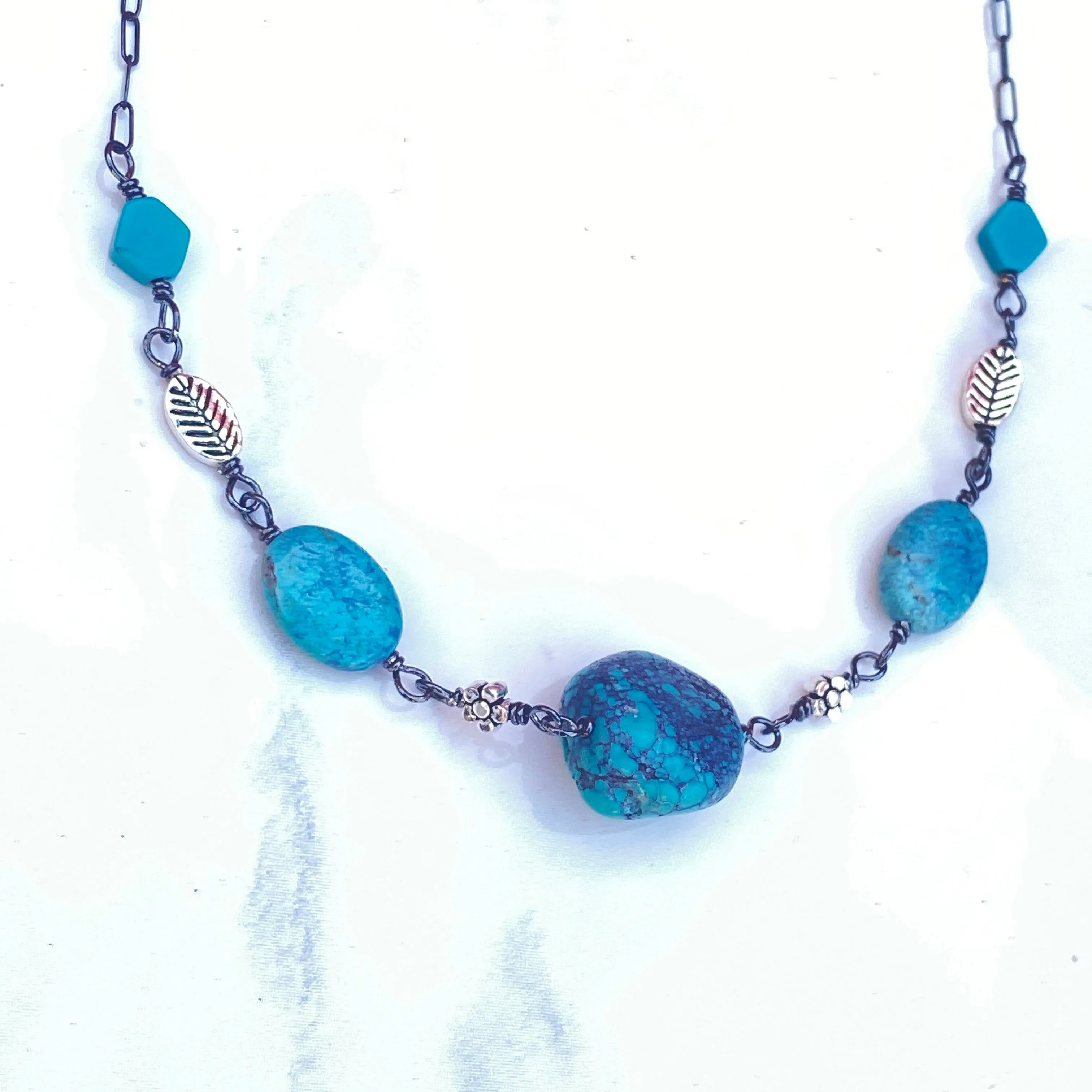 Turquoise gemstones and sterling silver Flower Necklace