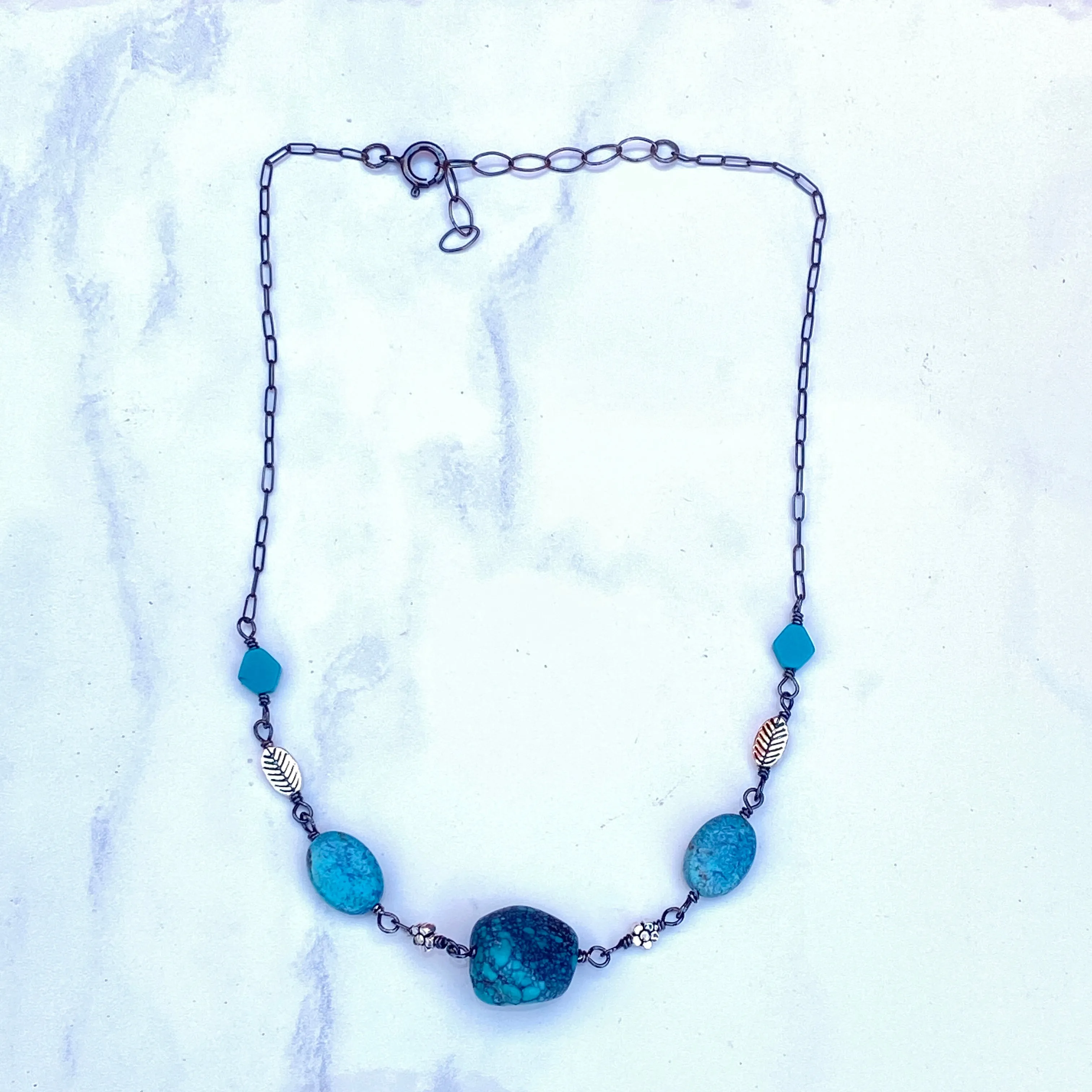 Turquoise gemstones and sterling silver Flower Necklace