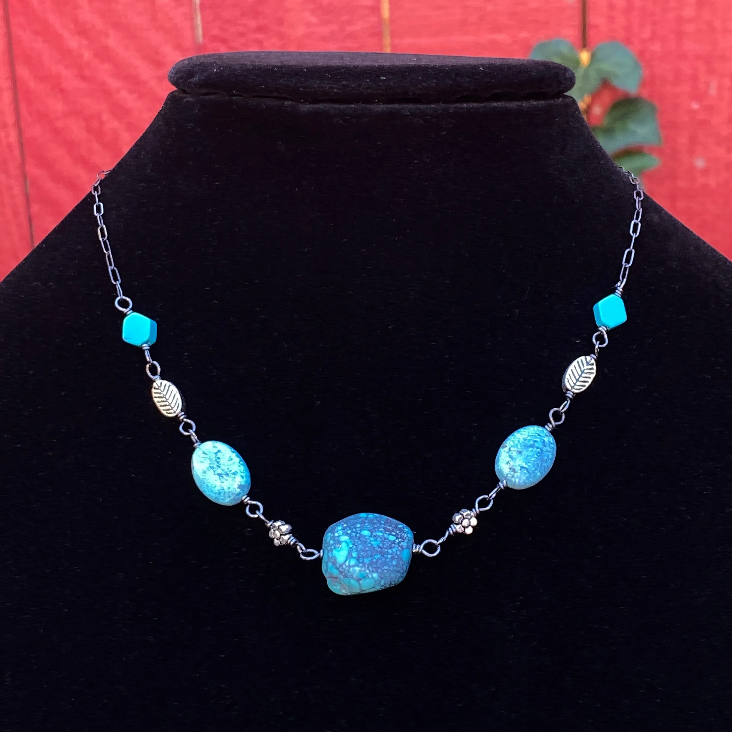 Turquoise gemstones and sterling silver Flower Necklace