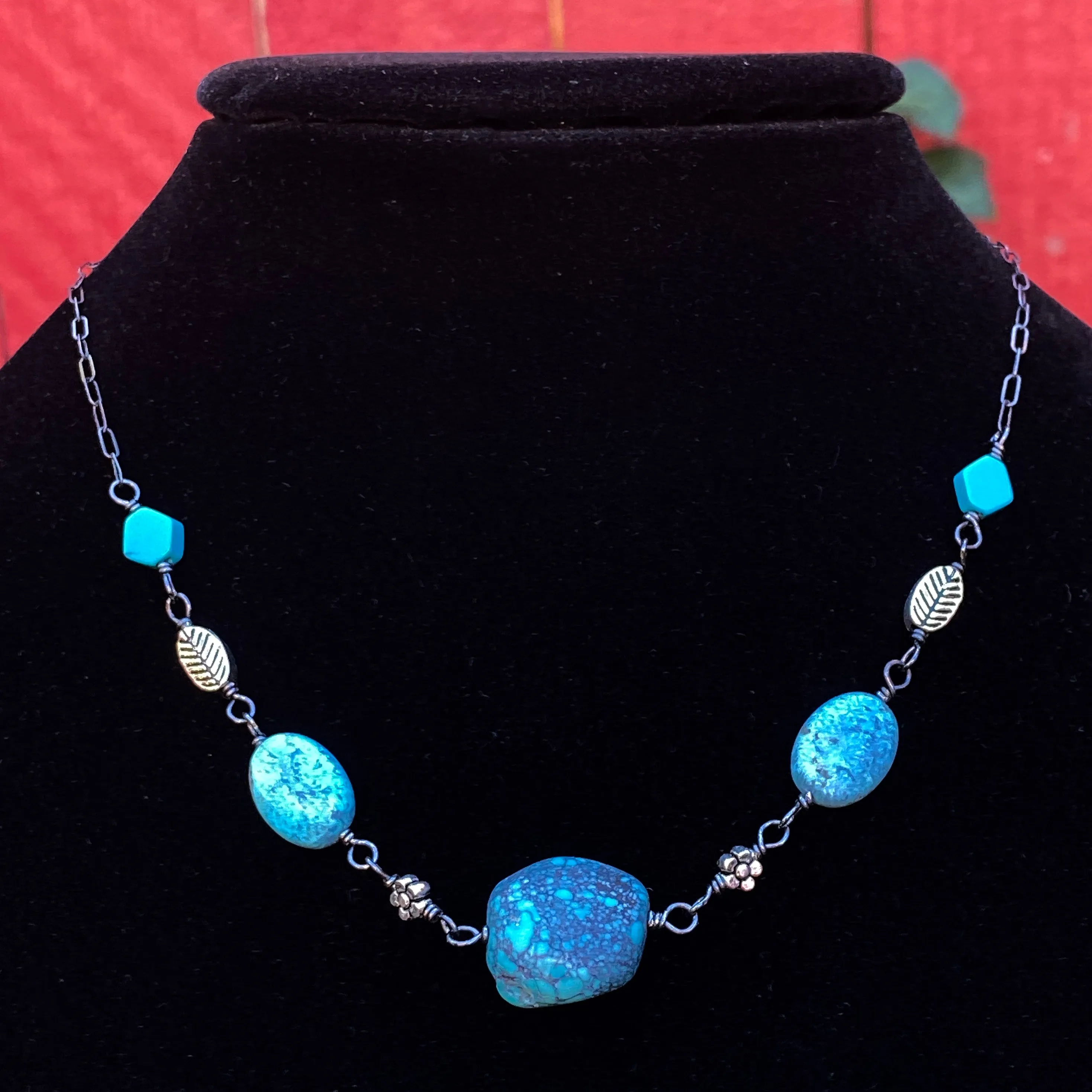 Turquoise gemstones and sterling silver Flower Necklace