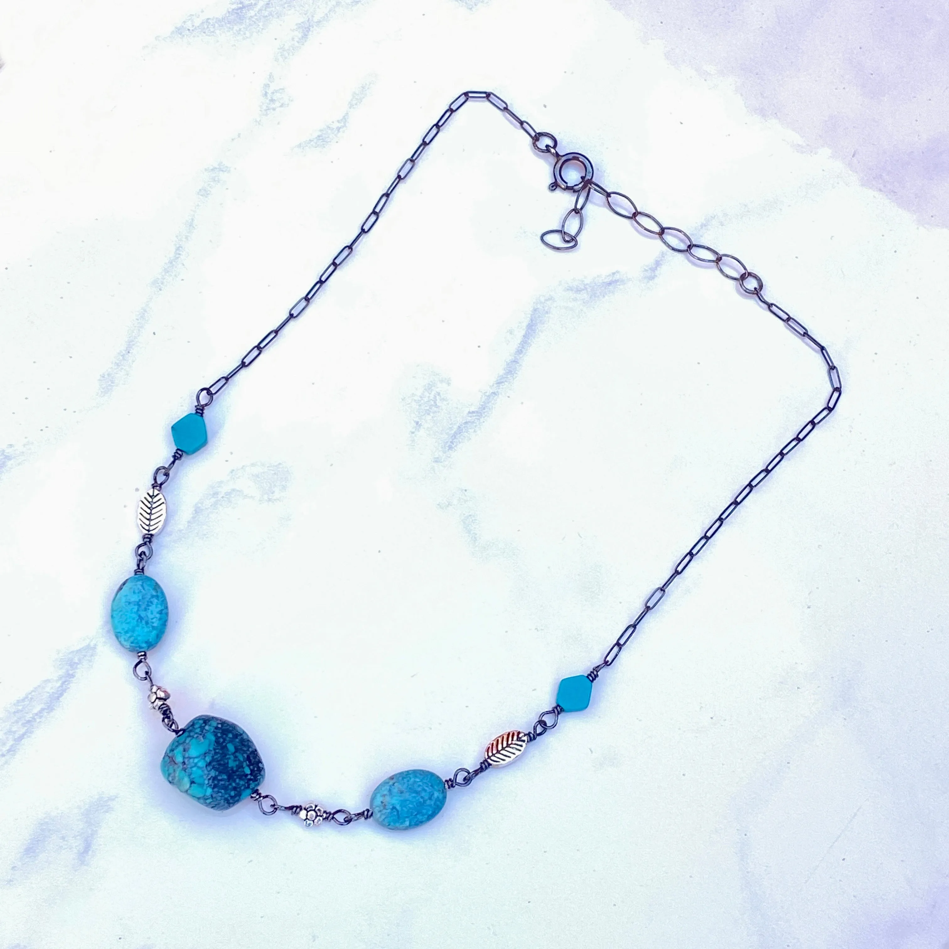 Turquoise gemstones and sterling silver Flower Necklace