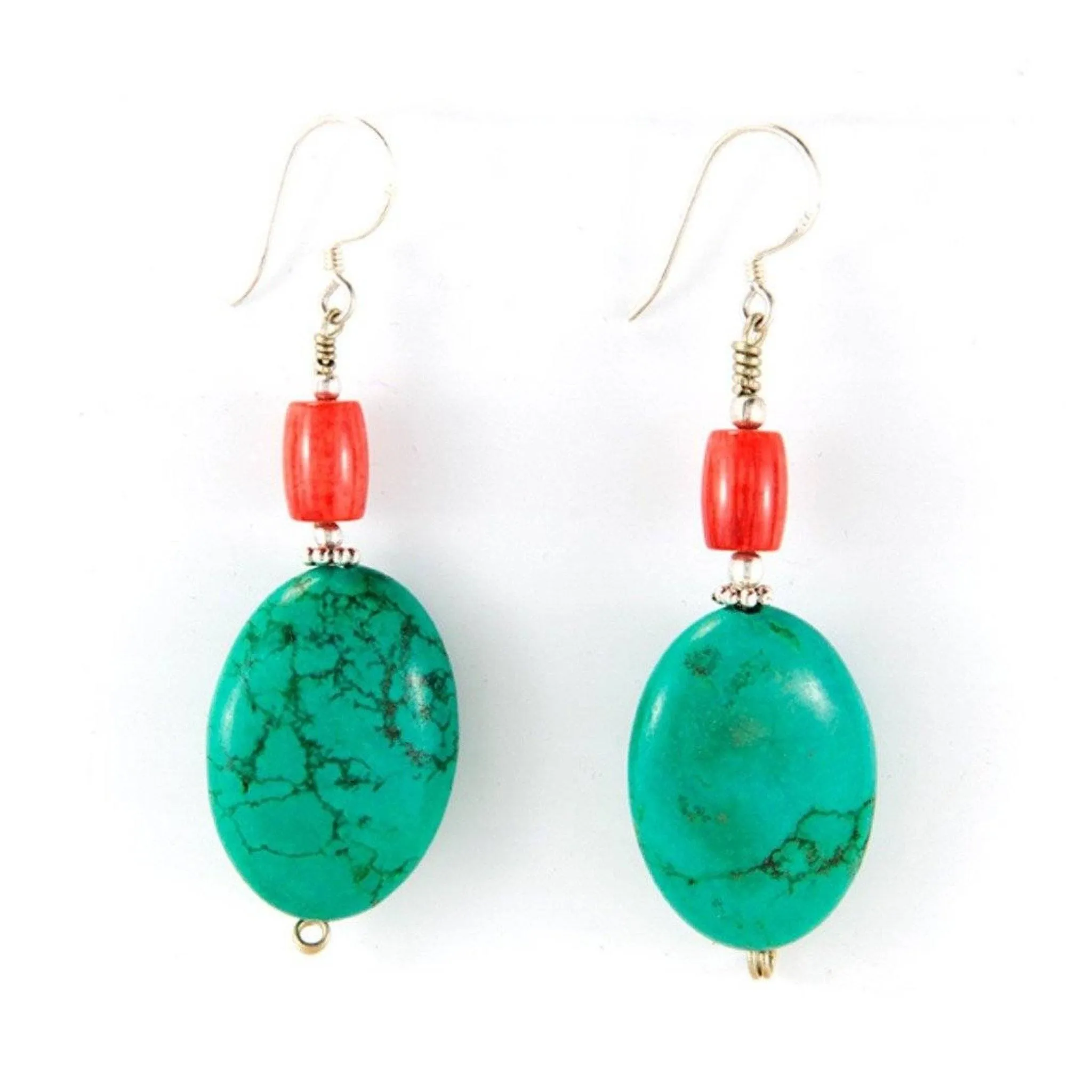 Turquoise Oval with Coral Bead Tibetan Earrings