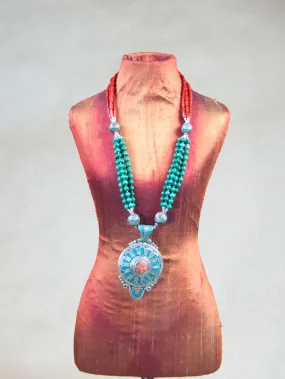 Turquoise with Red Coral Center Silver Necklace