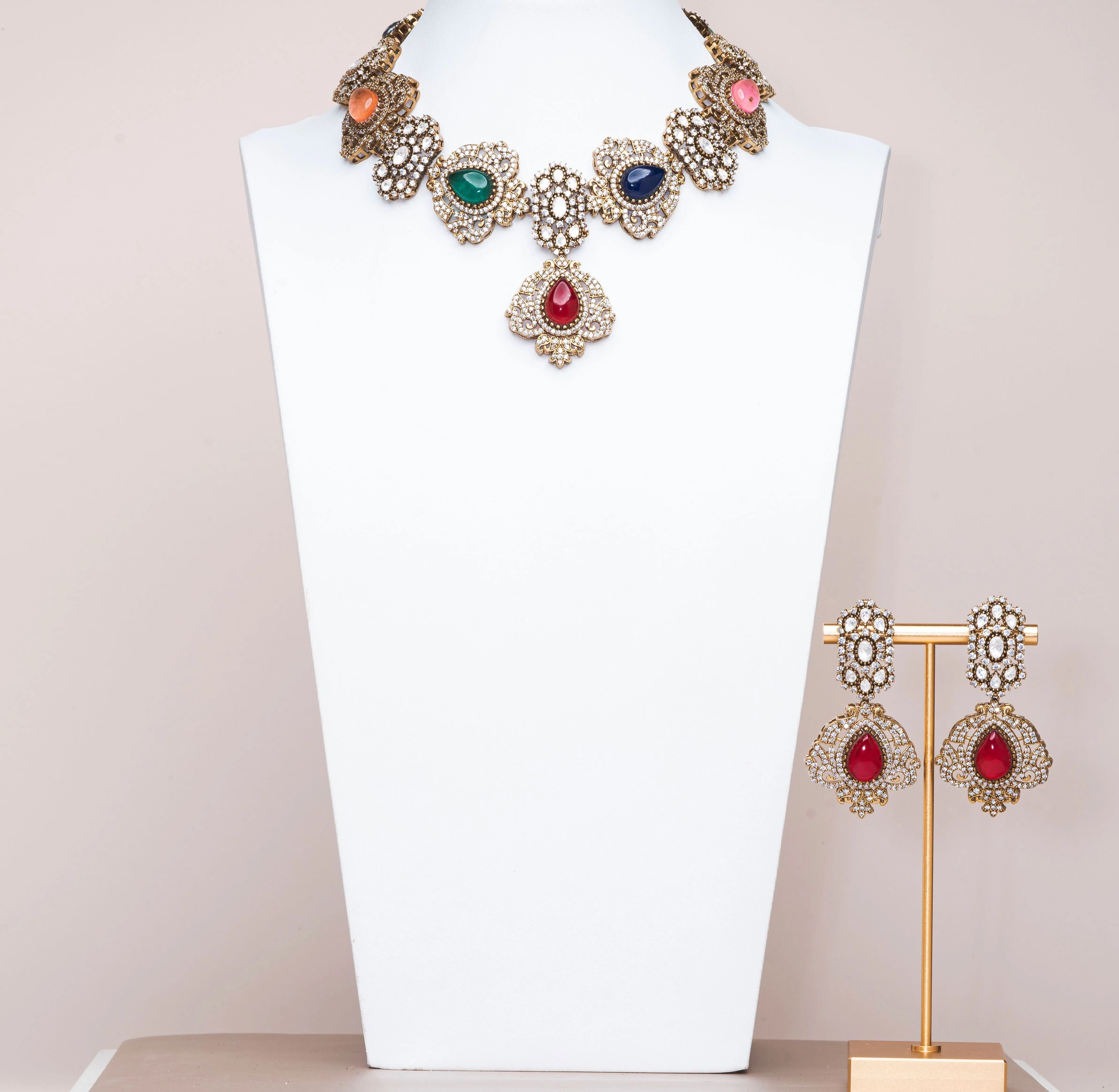 Vedang Multicolor Victorian Plated Luxury Necklace & Earring Set By Jaipur Rose Luxury Indian Jewelry Online