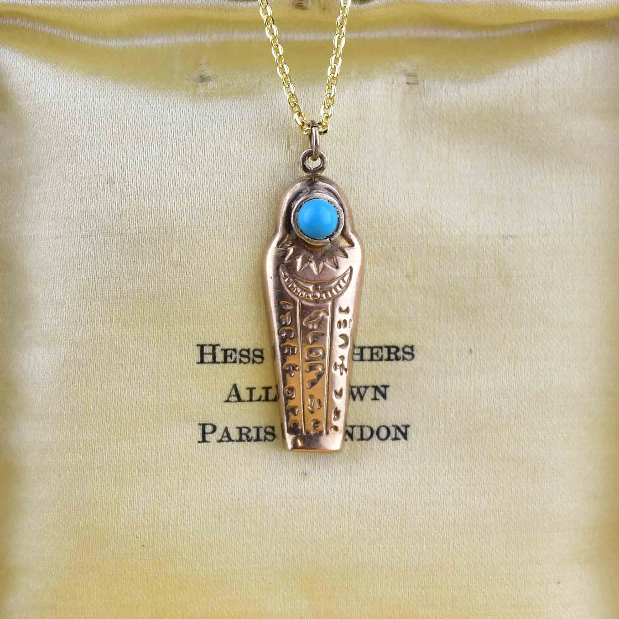 Vintage 9K Gold Turquoise Sarcophagus Pendant Necklace