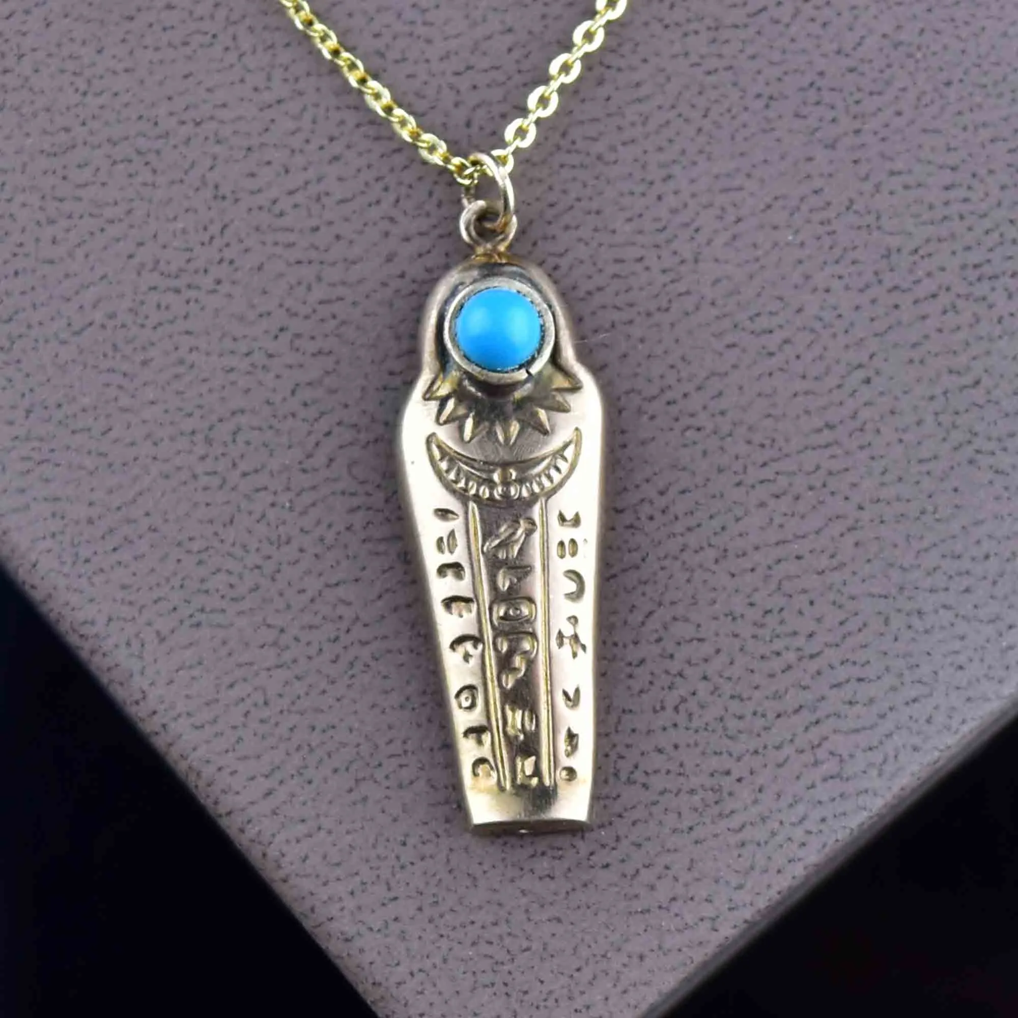 Vintage 9K Gold Turquoise Sarcophagus Pendant Necklace