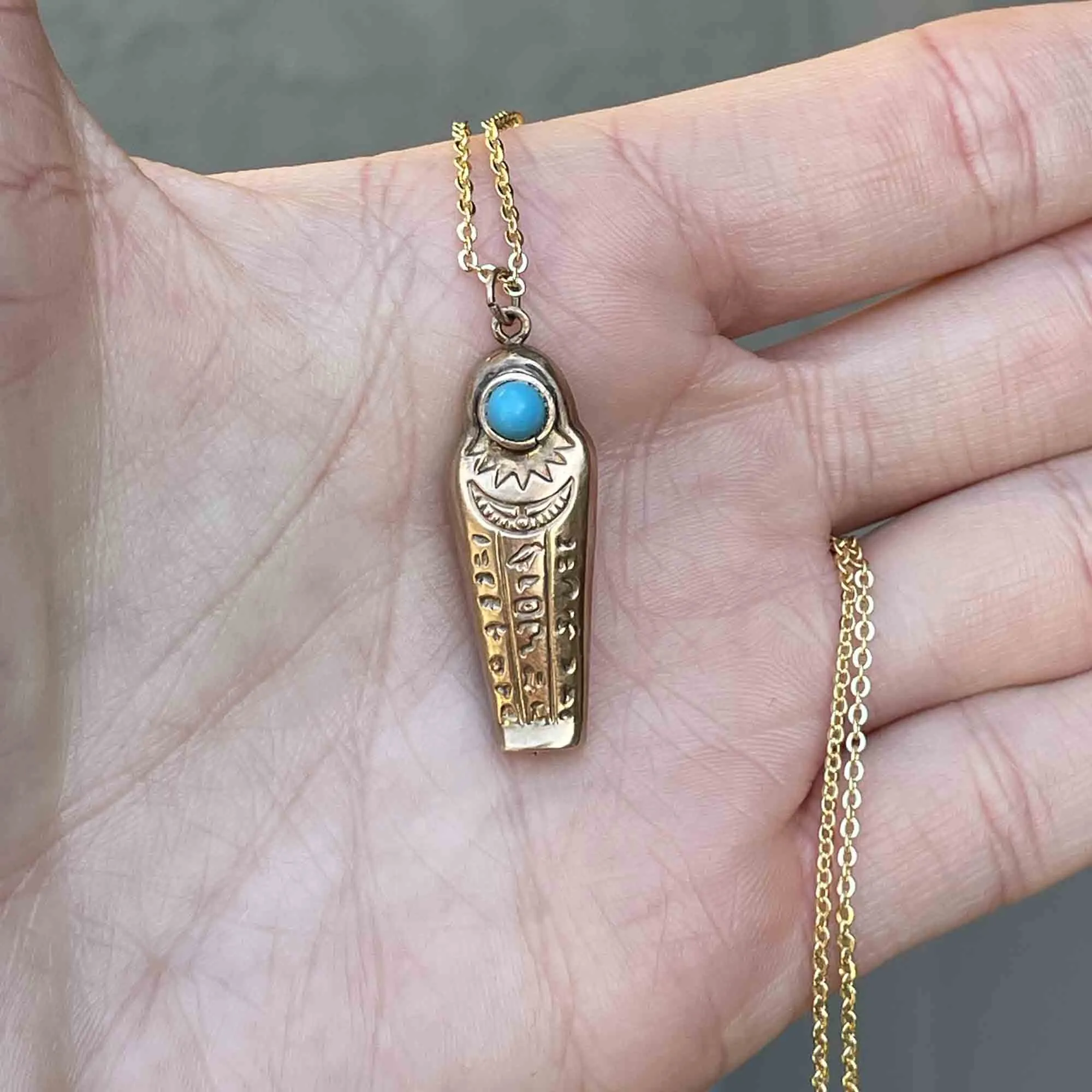 Vintage 9K Gold Turquoise Sarcophagus Pendant Necklace