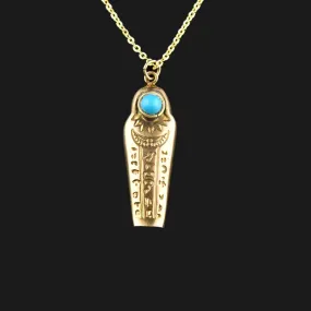 Vintage 9K Gold Turquoise Sarcophagus Pendant Necklace