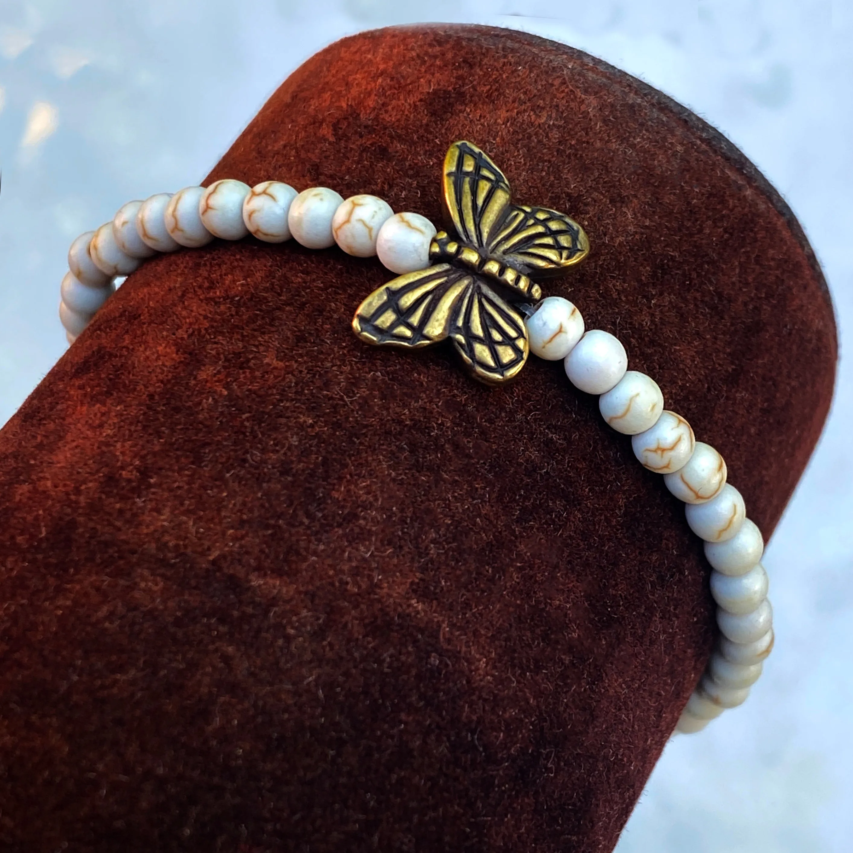 White turquoise gemstone and Brass Butterfly Bracelet