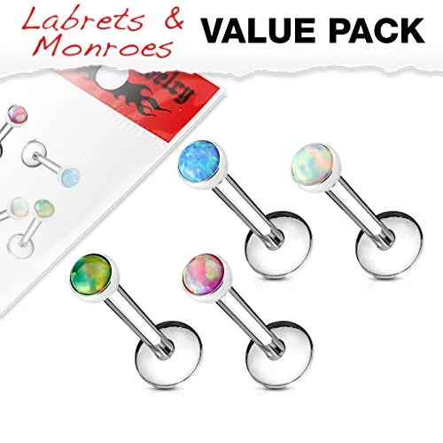 WILDKLASS 4 Pcs Value Pack Internally Threaded Opal Set 316L Surgical Steel Labret, Flat Back Studs