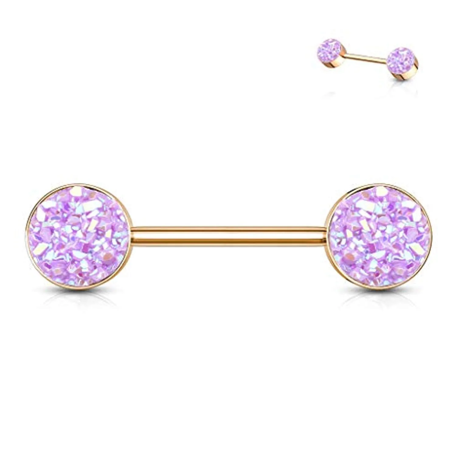 WildKlass Druzy Stone Set Ends Rose Gold PVD Over 316L Surgical Steel Barbell Nipple Rings