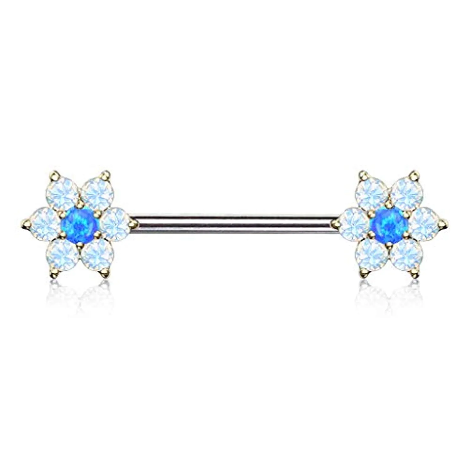 WildKlass Opalite Petals with Opal Center Flowers on Both Ends 316L Surgical Steel Barbell Nipple Rings