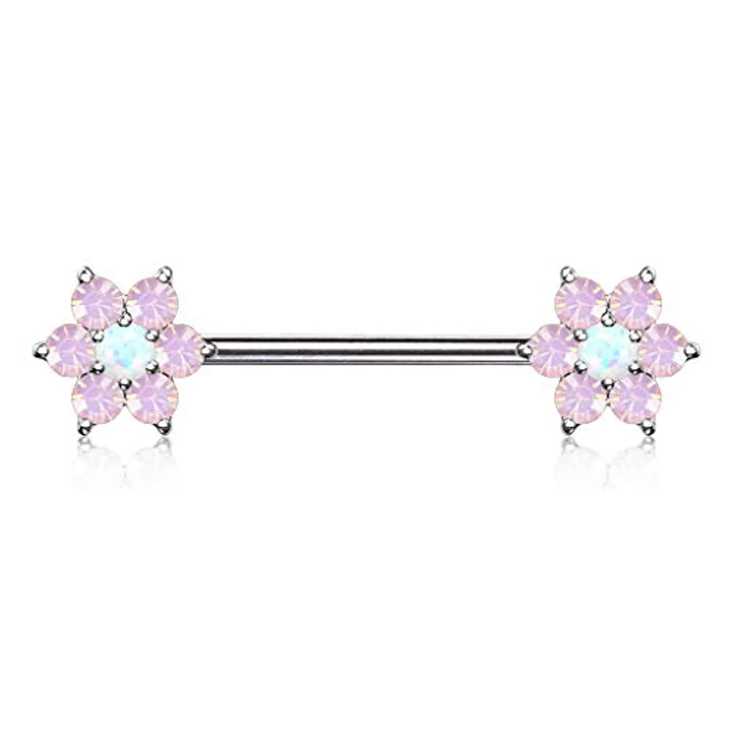 WildKlass Opalite Petals with Opal Center Flowers on Both Ends 316L Surgical Steel Barbell Nipple Rings