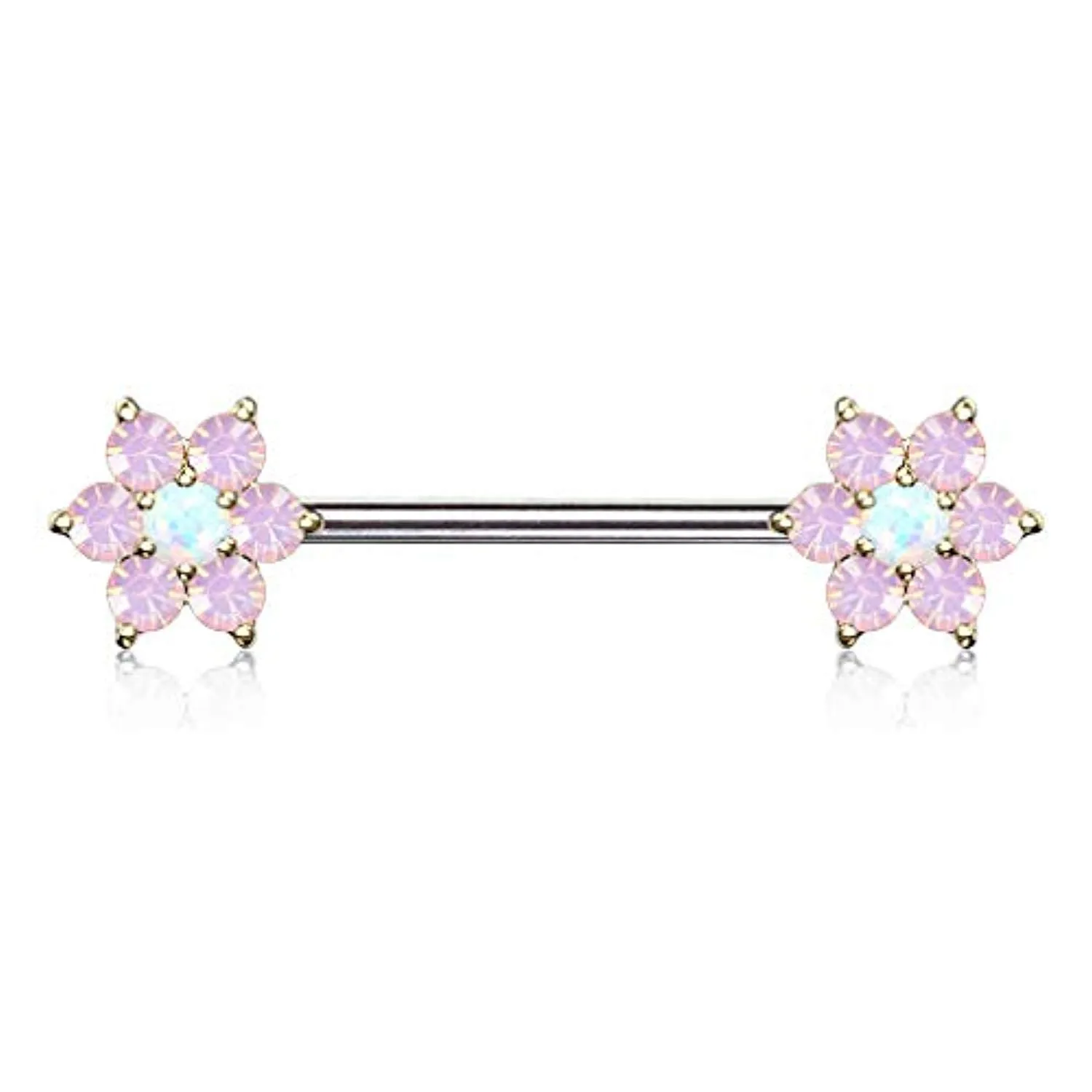 WildKlass Opalite Petals with Opal Center Flowers on Both Ends 316L Surgical Steel Barbell Nipple Rings