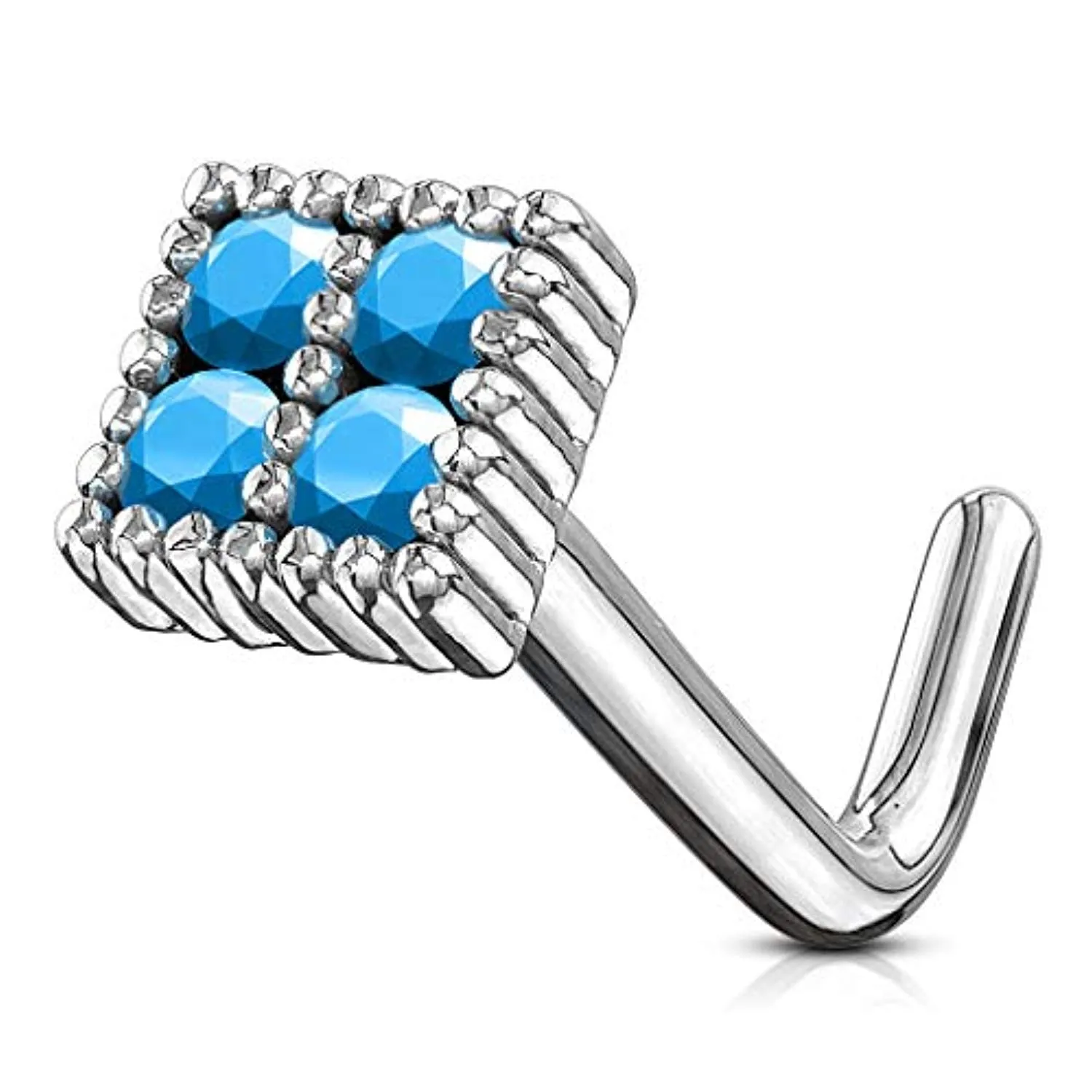 WildKlass Turquoise Set Four Quadrant Square Top 316L Surgical Steel L Bend Nose Stud Rings