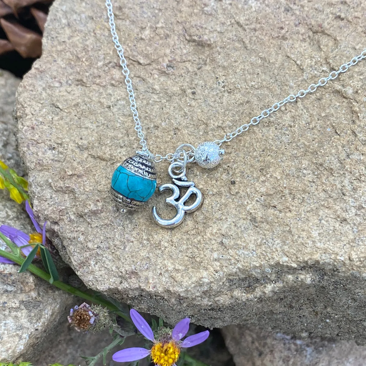 Yoga inspired Ohm Charm Necklace with Turquoise and Silver Ball