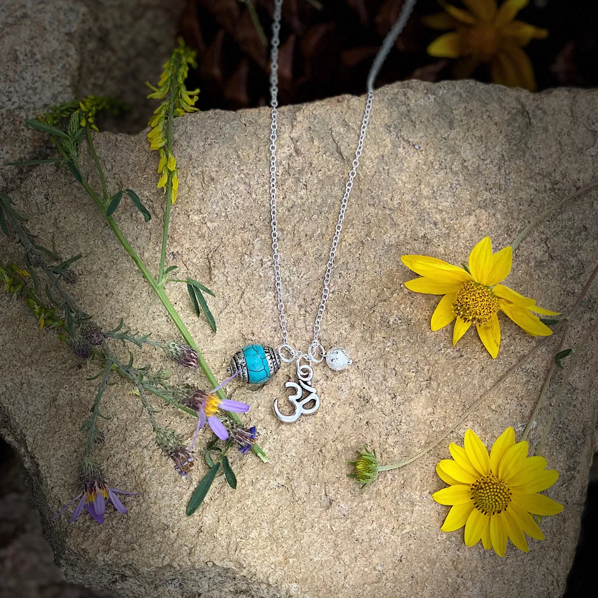 Yoga inspired Ohm Charm Necklace with Turquoise and Silver Ball