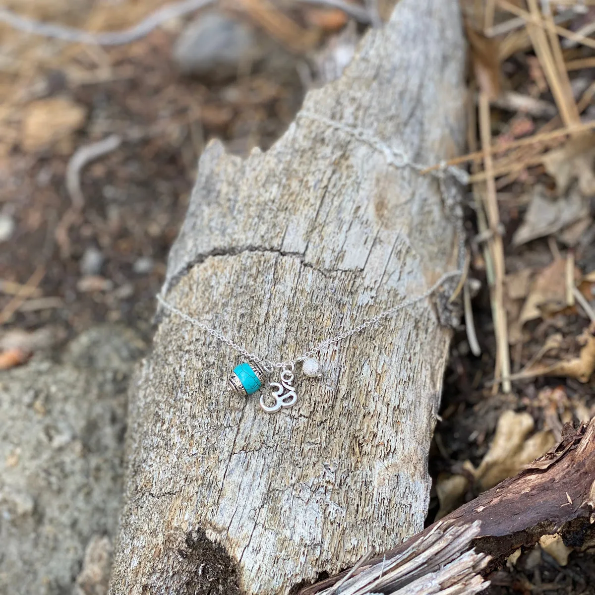 Yoga inspired Ohm Charm Necklace with Turquoise and Silver Ball