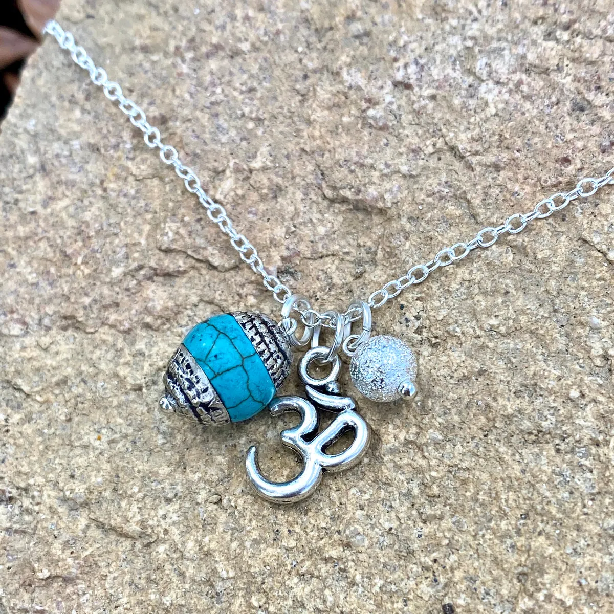 Yoga inspired Ohm Charm Necklace with Turquoise and Silver Ball