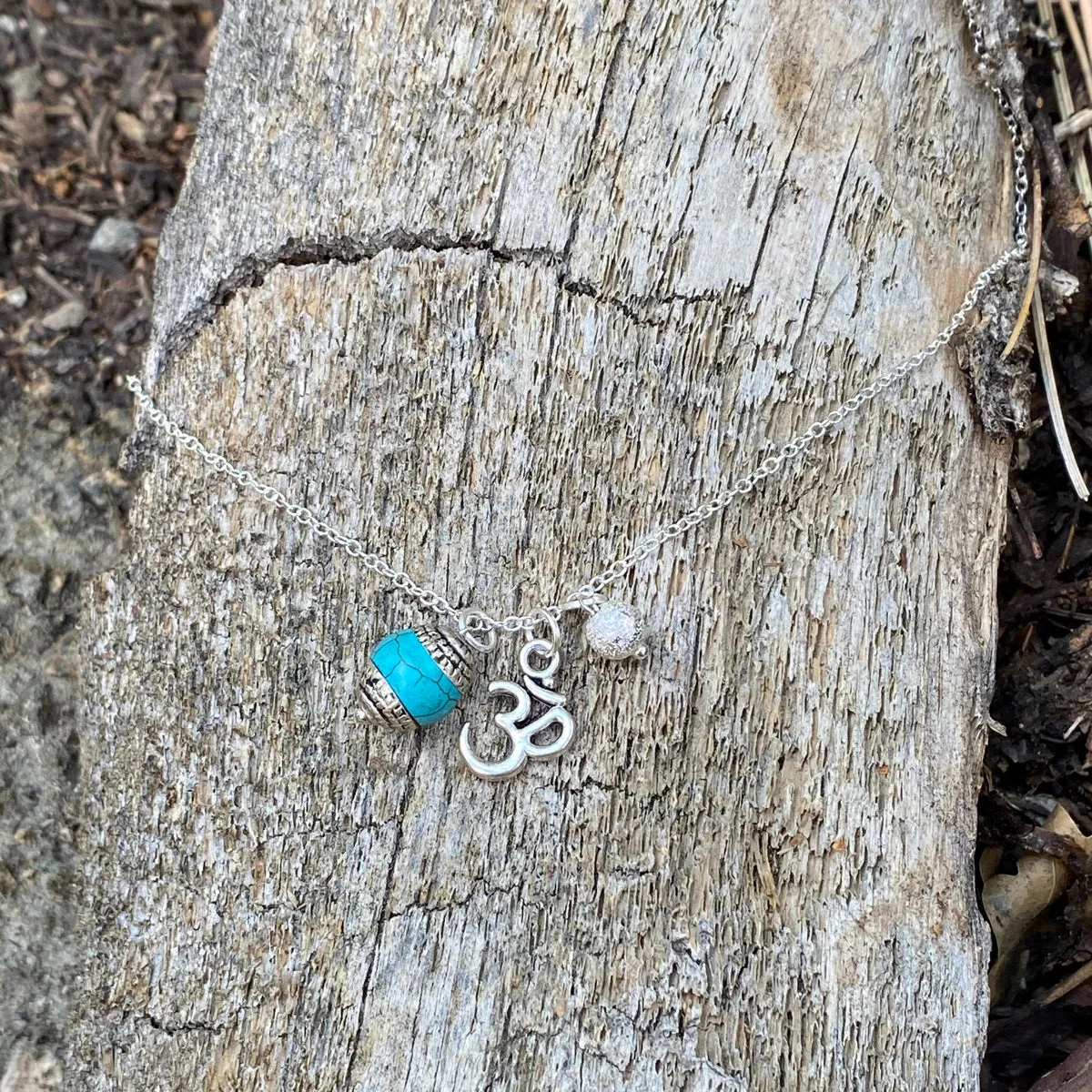 Yoga inspired Ohm Charm Necklace with Turquoise and Silver Ball