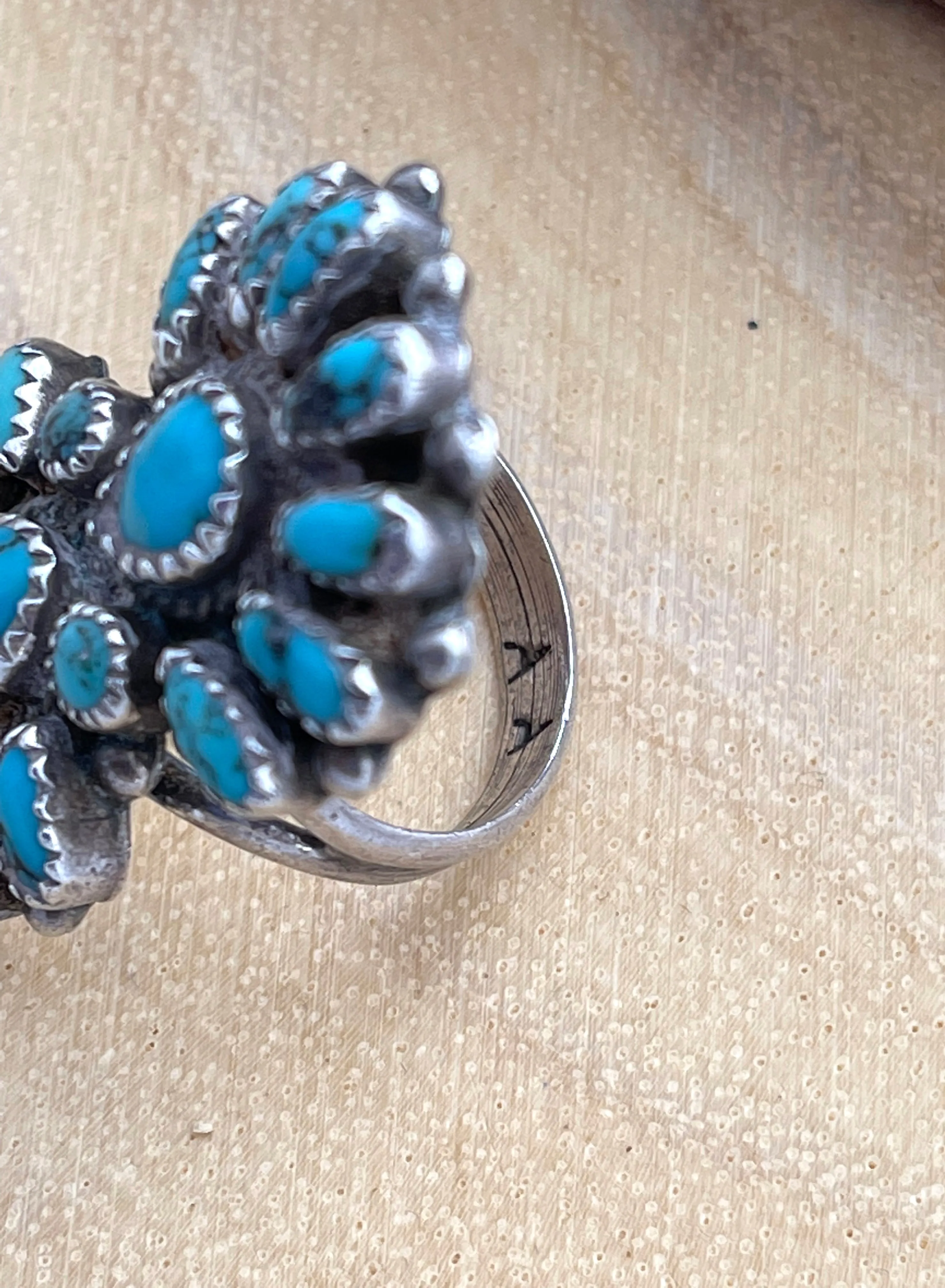 ZUNI 30s 40s Petit Point Cluster Turquoise & Silver Ring, AA Hallmark, Size 7