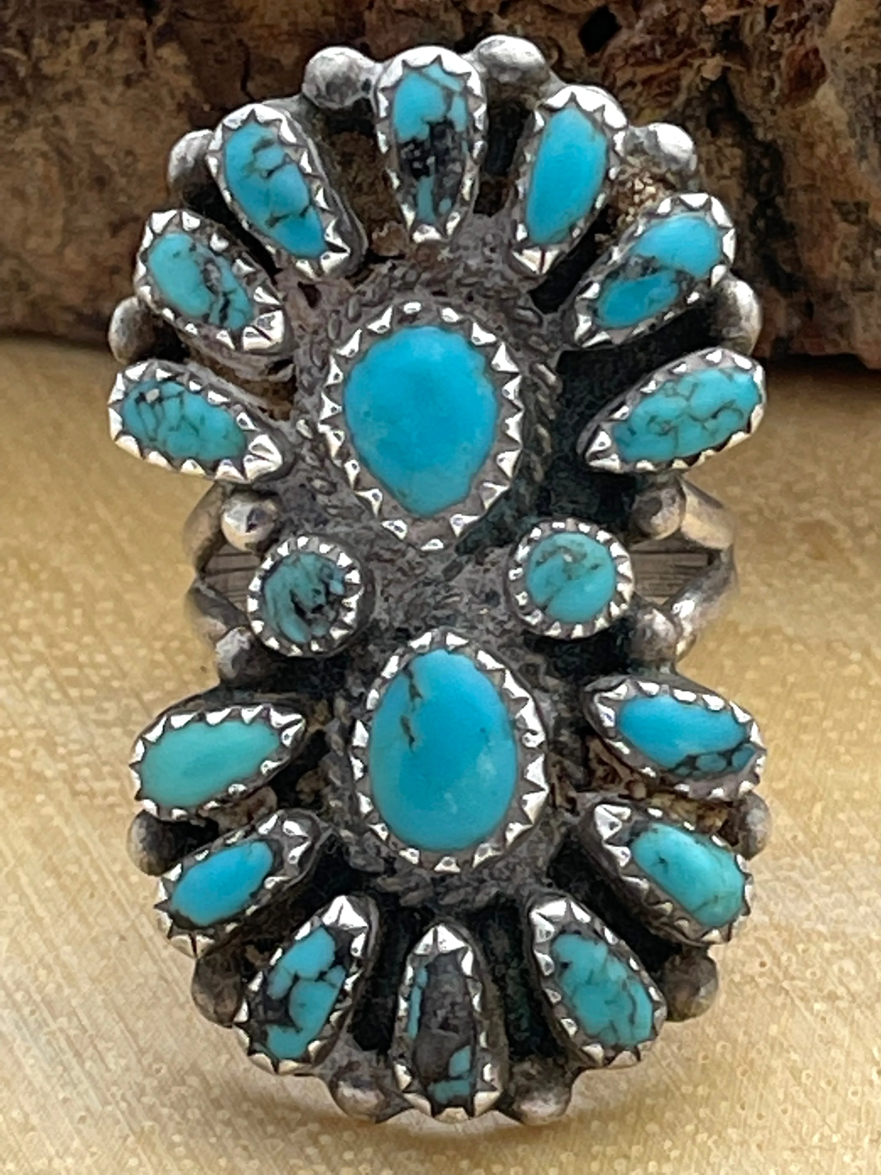 ZUNI 30s 40s Petit Point Cluster Turquoise & Silver Ring, AA Hallmark, Size 7